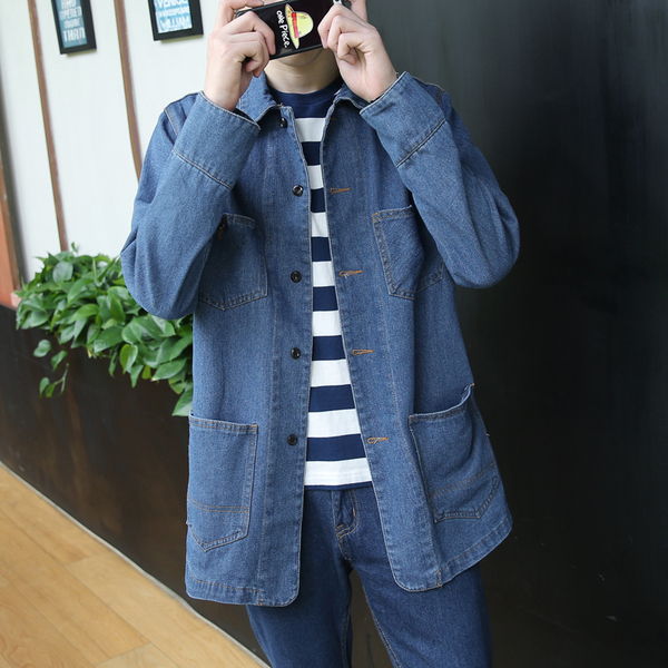2016新款韩版男士牛仔外套薄款修身复古休闲中长款牛仔风衣夹克潮