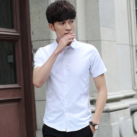 夏季男士白色短袖纯白衬衫韩版修身ol职业男装韩范衬衣学生工作服