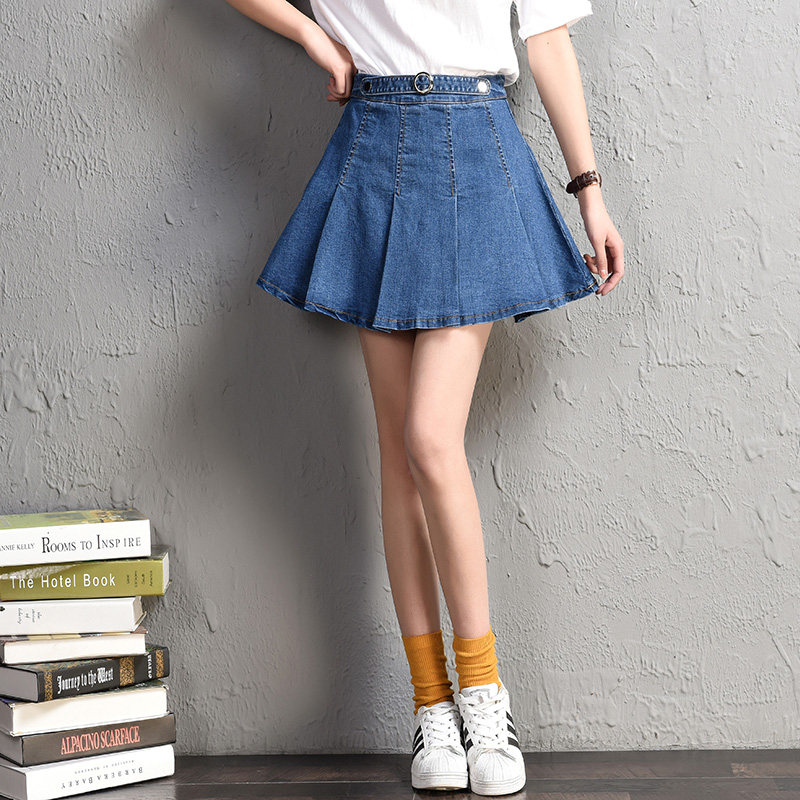 夏季新款牛仔裙半身裙女短裙高腰荷叶边a字裙学生百褶蓬蓬裙韩版