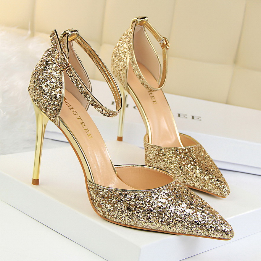 283-1 the European and American wind high heel with shallow mouth pointed hollow sequins sexy nightclub show thin word a