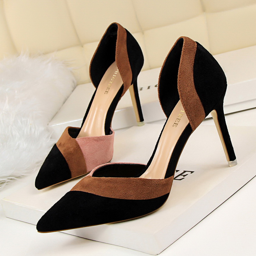 8313-1 han edition fashion show thin thin and sexy high-heeled shallow mouth pointed hollow suede color matching hollow 