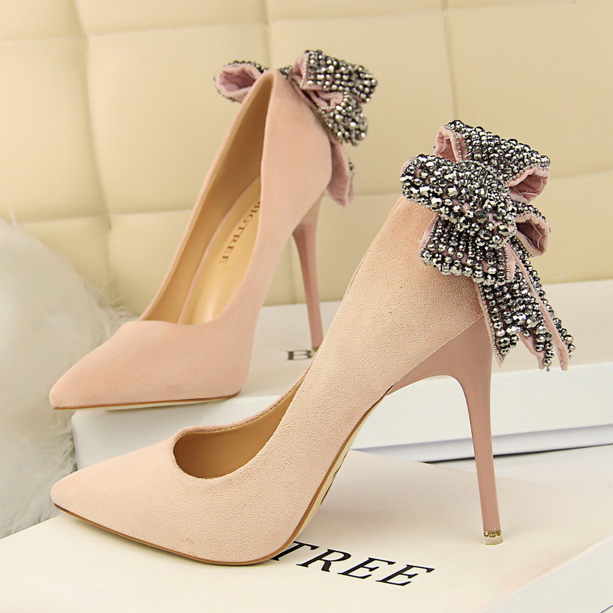 1717-10 han edition fashion high heels for women's shoes high heel with suede shallow mouth pointed bow diamond