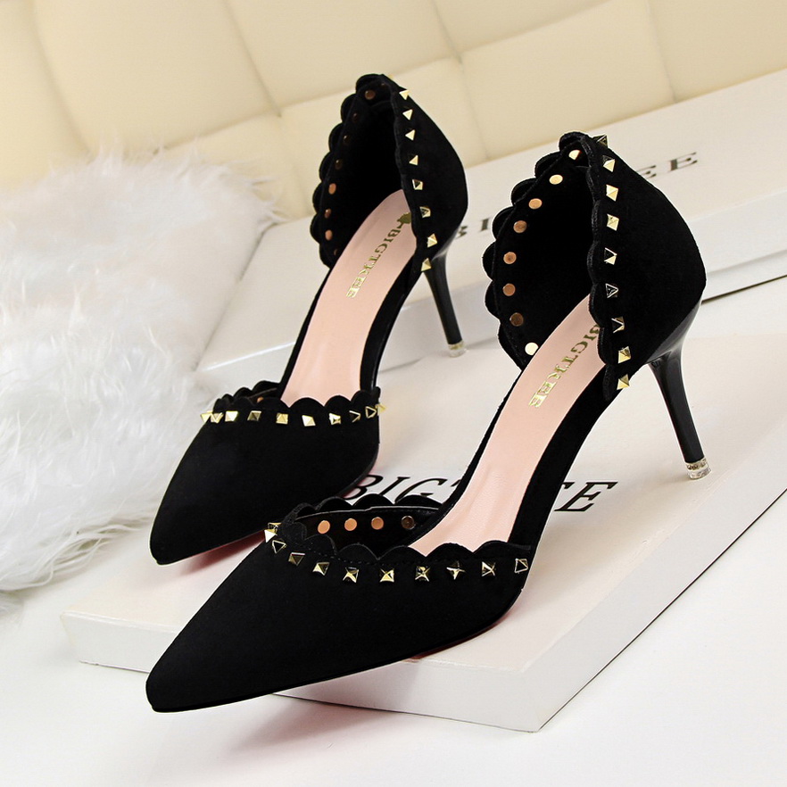 998-1 han edition fashion show fine with high heels suede shallow thin mouth pointed sexy nightclub hollow rivet women s