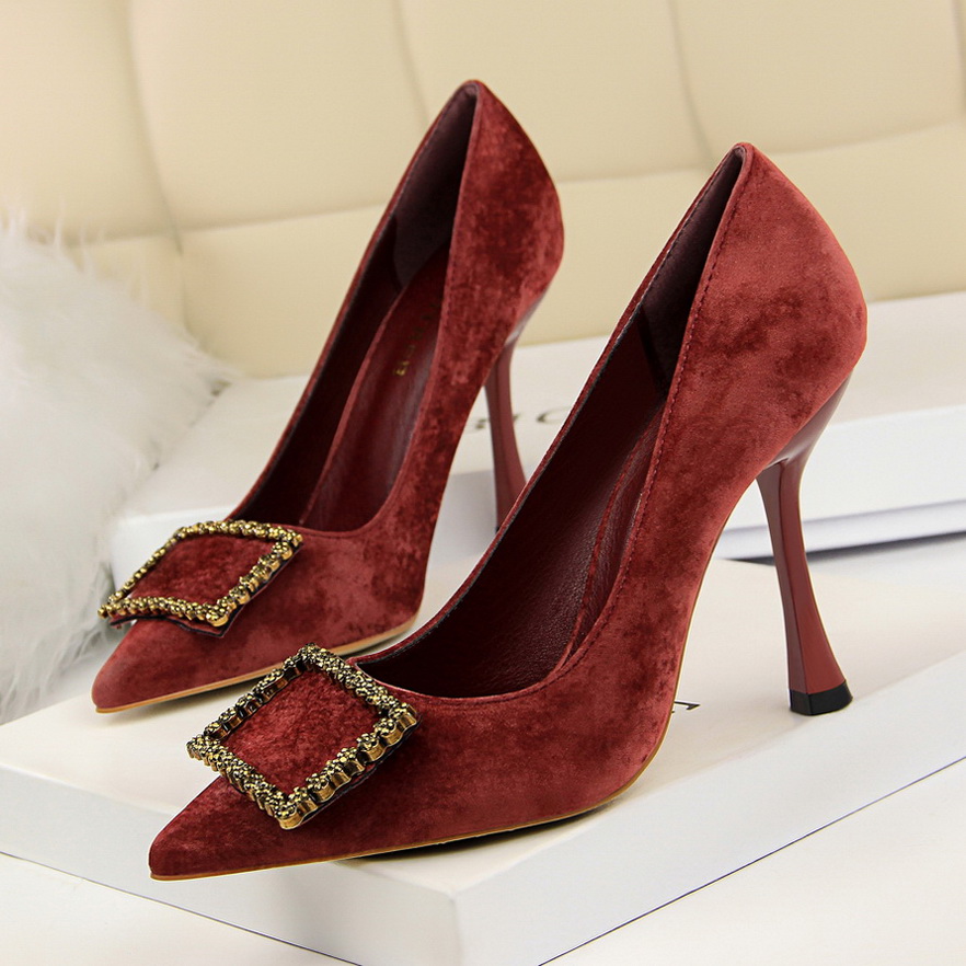 3212-2 the European and American wind fashion footwear banquet high heels high with suede shallow mouth pointed diamond