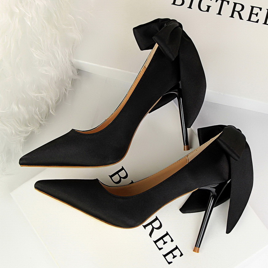 9219-8 han edition fashion footwear high-heeled shoes high heel with shallow mouth pointed silk bowknot single shoes aft