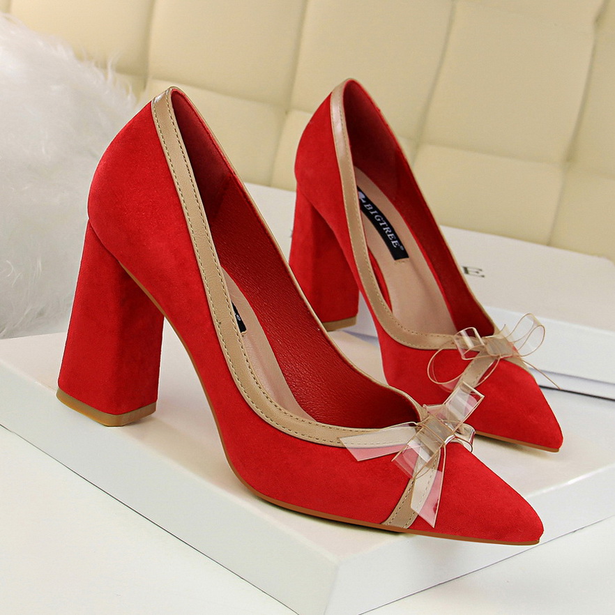 828-10 han edition fashion with suede shoes sweet thick with high light mouth pointed spell color transparent bowknot si
