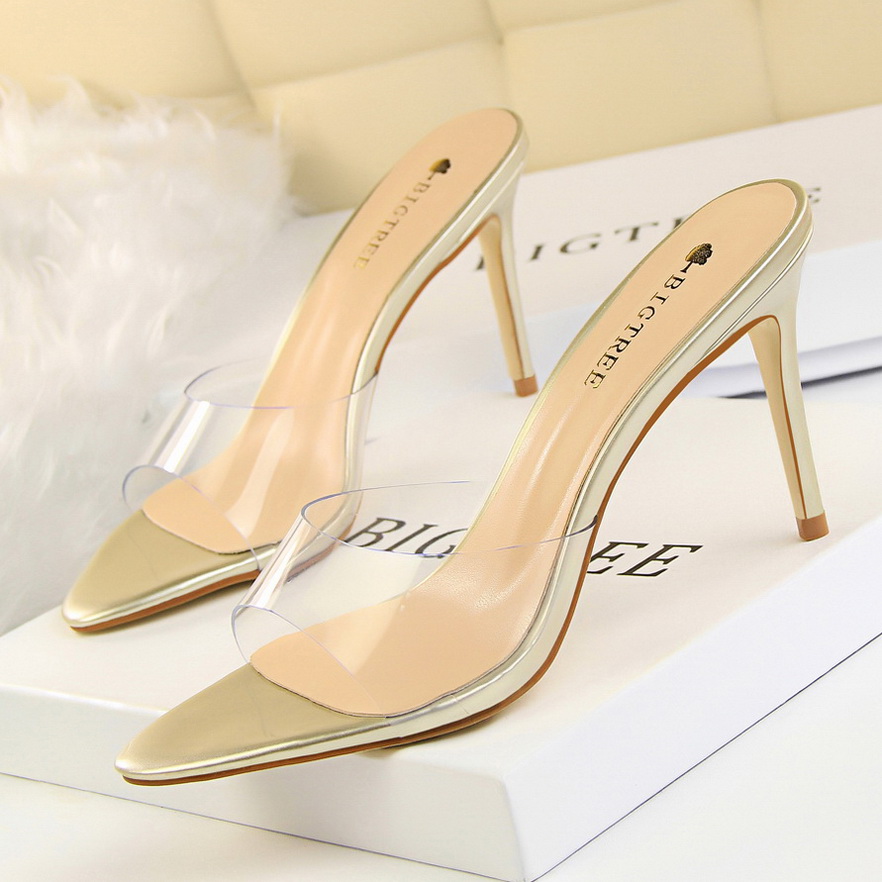 689-13 barefoot perspective han edition fashion simple transparent one word with cool slippers with pointed high heel wo
