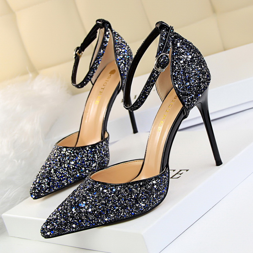 283-1 the European and American wind high heel with shallow mouth pointed hollow sequins sexy nightclub show thin word a