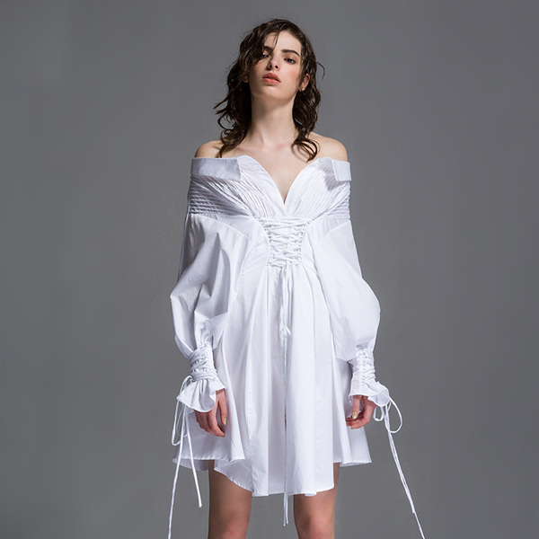 syusyuhan设计师女装 打条工艺露肩腰封绑带宫廷袖纯棉衬衫连衣裙