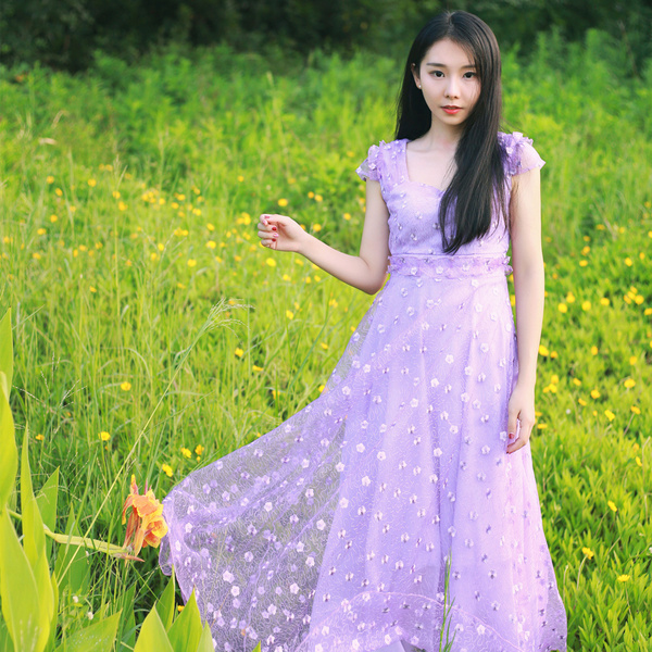 文艺淑女立体花朵欧根纱刺绣连衣裙收腰名媛气质女神礼服度假长裙