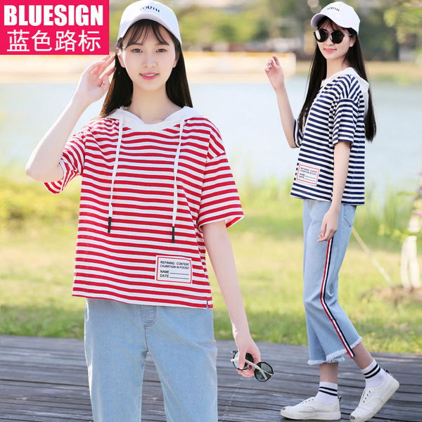初中生女夏装套装2017新款时尚夏季少女中学生女装韩版宽松两件套