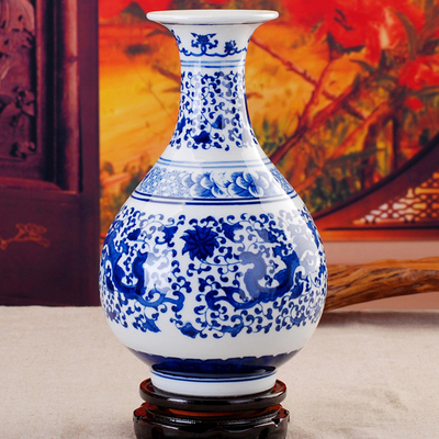 标题优化:景德镇青花瓷花瓶陶瓷工艺品古典家居装饰品摆件双龙玉壶春瓶