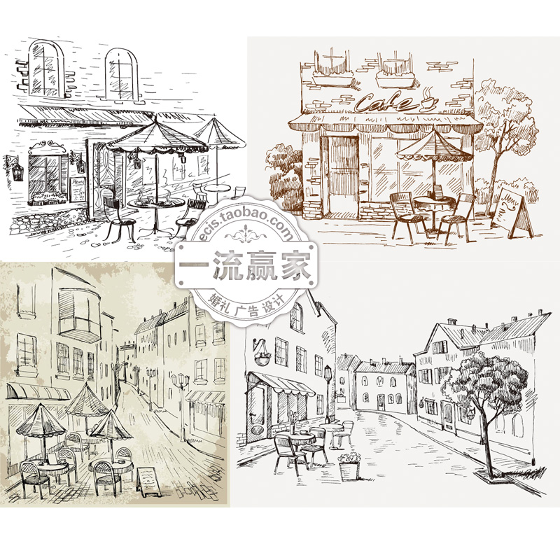 手绘咖啡屋小镇建筑街景线稿场景矢量设计素材AI格式装饰绘画图片