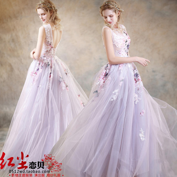 新款影楼主题服装花朵拖尾露背彩纱拍照摄影写真韩版婚纱礼服t107