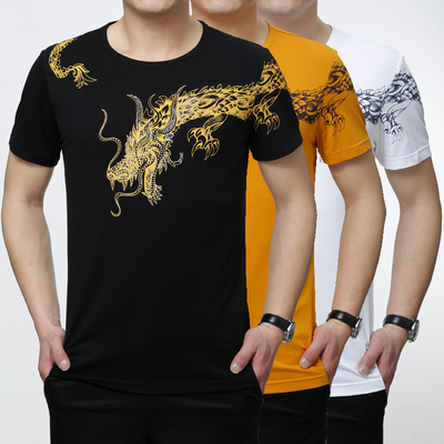 标题优化:2015夏季新款中国风印花龙桑蚕丝圆领短袖T恤男 宽松