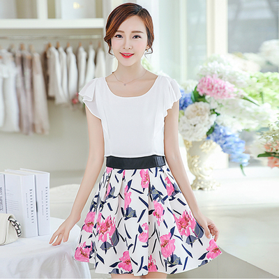 标题优化:2015夏季新款韩版女装修身短袖A字裙小清新收腰雪纺连衣裙潮包邮