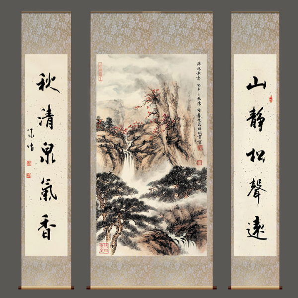 招财山水画中堂字画茶室玄关壁画书房对联画丝绸画卷轴画山泉秋色