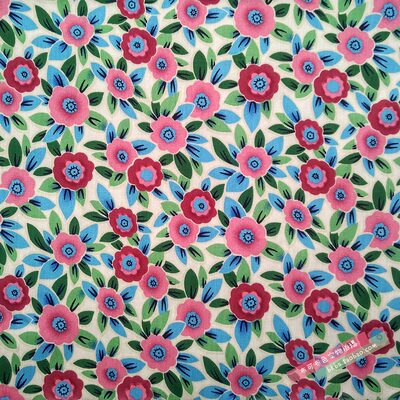 米白底 红花蓝绿叶 平纹纯棉布料 全棉府绸面料花布 门幅150cm