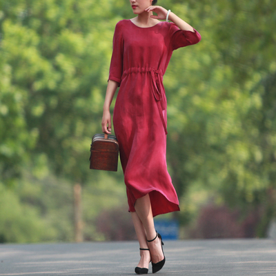 2016夏季新款亚麻长裙刺绣气质高端绣花宽松圆领连衣裙大码民族风