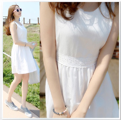 标题优化:2015年夏装新款韩版淑女优雅收腰修身棉麻绣花连衣裙背心白色裙子