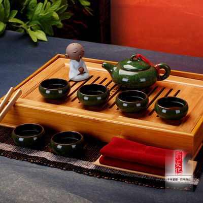 标题优化:7头冰裂茶具套装 高档礼品茶具 景德镇 陶瓷茶具 墨绿色
