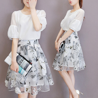标题优化:2015夏季新款时尚女装短袖欧根纱印花套装裙雪纺两件套连衣裙子女