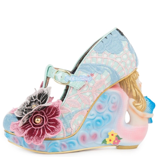 美国代购㊣ irregular choice 花朵刺绣美人鱼坡跟玛丽珍高跟鞋