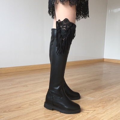 秋冬蕾丝女靴过膝盖瘦腿弹力长靴平跟平底加绒高筒靴流苏长筒靴女