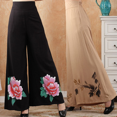 唐装休闲中老年妈妈大码棉麻女裤子民族风女装汉服阔腿裤手绘中式