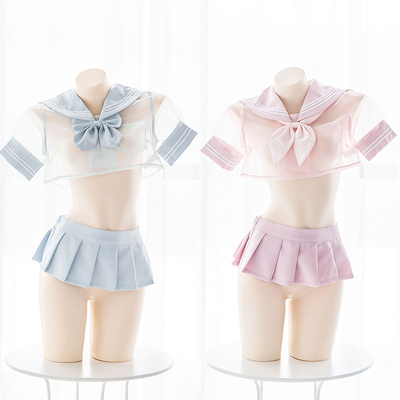 七了个三 粉蓝制服透明双子星超短水手服百褶裙透视内衣套装-淘宝网