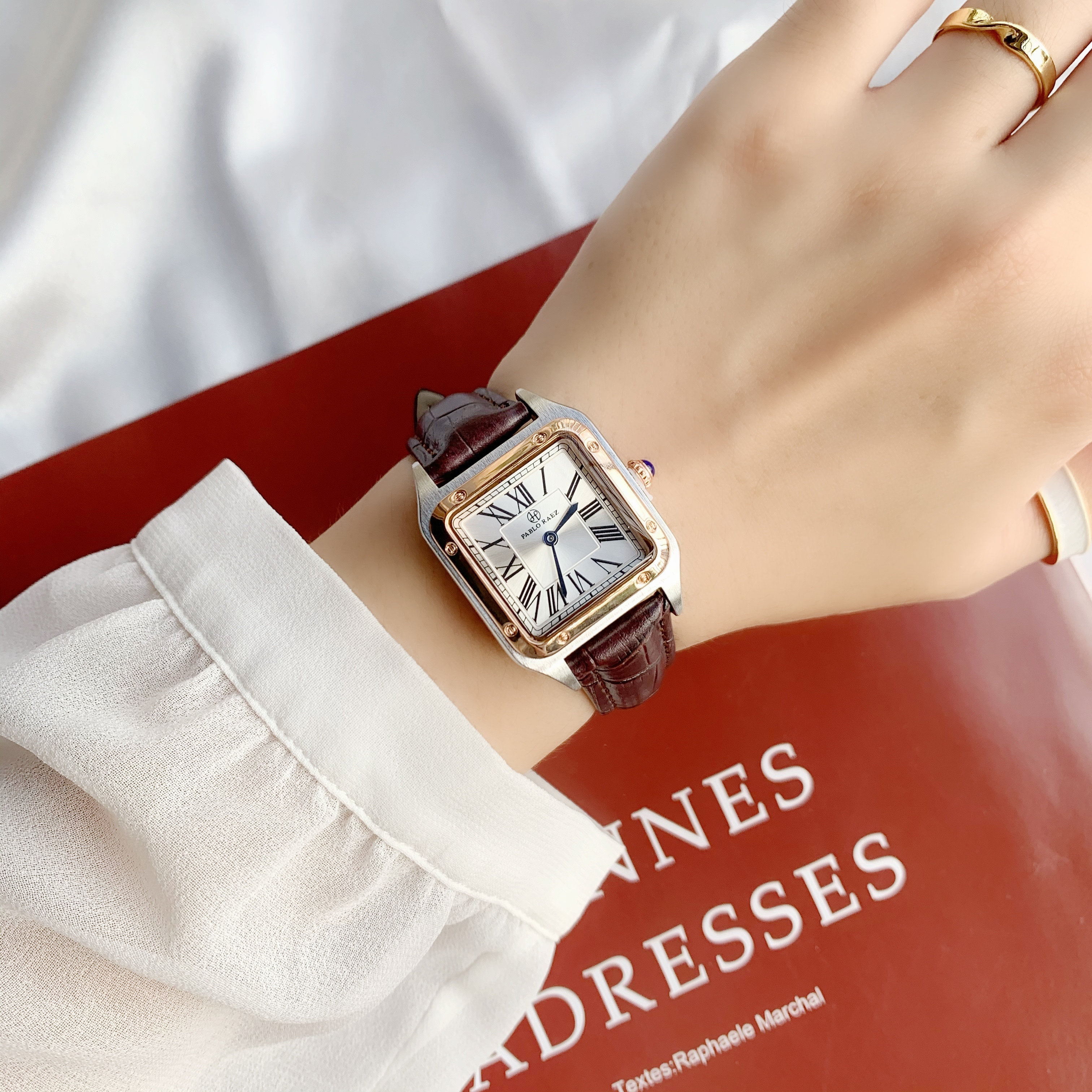 Elegant Women's Wrist Watch With Square Dial Brown Belt Design_voghion.com