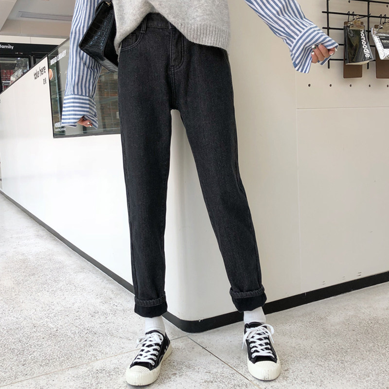 2017韓國秋鼕新款百搭加絨加厚牛仔褲寬松哈倫長褲女學生ulzzang