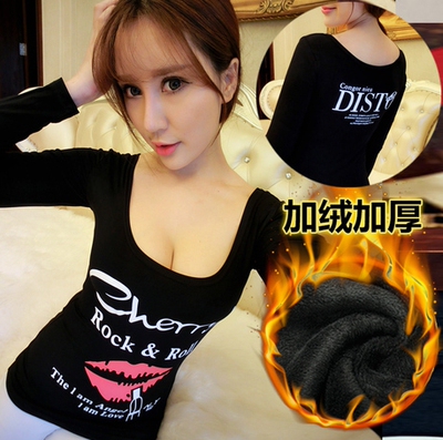 低胸打底衫加绒加厚2018冬季新款潮女T恤修身显瘦夜店性感上衣-淘宝网