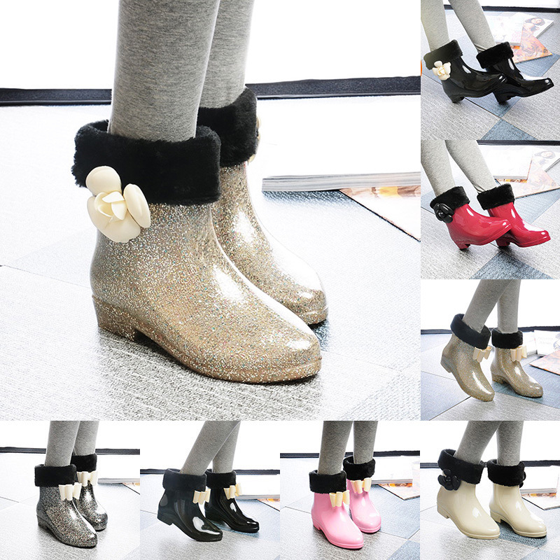 加絨短筒防水鞋加棉雨鞋雨靴膠鞋防滑女成人韓國時尚保暖水靴鼕季