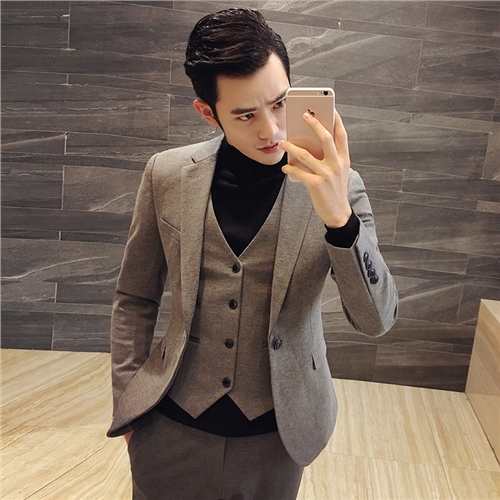 秋鼕季韓版男士修身一粒扣小西裝套裝發型師西服三件套新伴郎禮服