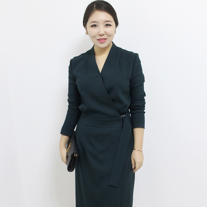 韓國小眾獨立設計師款 早春新品圍裹式v領長袖氣質修身鉛筆連衣裙