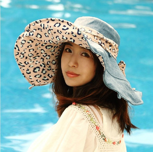 防晒帽子女夏天韩版女士遮阳帽太阳帽大沿沙滩帽防紫外线骑车豹纹