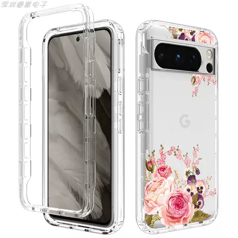 Flower Transparent Clear TPU Phone Cases Covers Airbag 4 Corner Shock Absorbing Airbag 4 Corner Shock Absorbing Double Glazed Tempered Glass Google Pixel 8, Google Pixel 8 Pro,