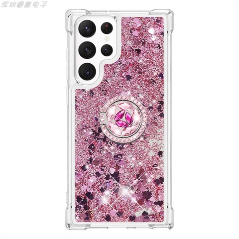 Liquid Quicksand Girls Shiny Glitter Bling Silicone TPU With Ring Bracket Kickstand S23, S23 Plus, S23 Ultra Samsung Phone