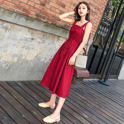 周大奇 temperament red suspender dress female summe