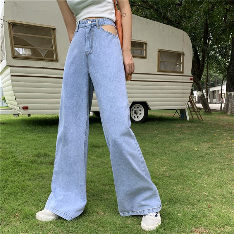 กางเกงยีนส์ 早春2020新款韩版chic显瘦牛仔裤女百搭拖地长裤宽松高腰阔腿裤潮  