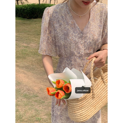 芥末自制碎花连衣裙女夏小个子中长款温柔裙子法式复古