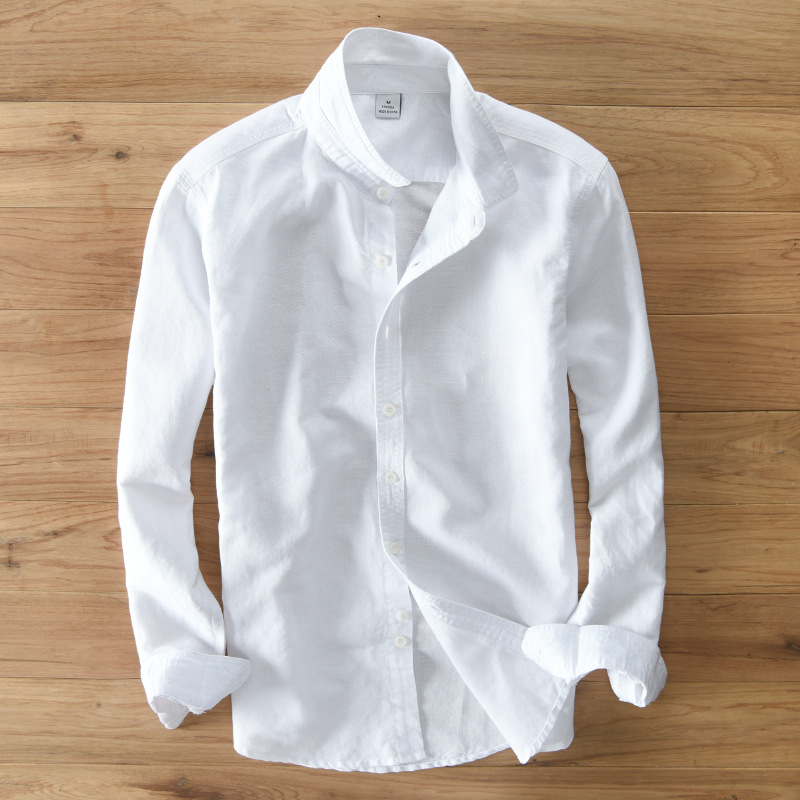 blanc de printemps mince à manches longues, chemise en lin pour hommes respirant revers de plage décontractée travail robe chemise en coton