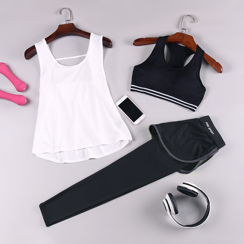 瑜伽服运动套装女夏韩国速干衣短袖背心三四件套健身房跑步健身服