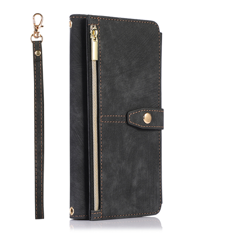 Black — Girl Zip Wallet Crossbody Synthetic Leather Wallets Folio Flip Card Holder Lanyard Strap A53 Wallets S22, S23, S21