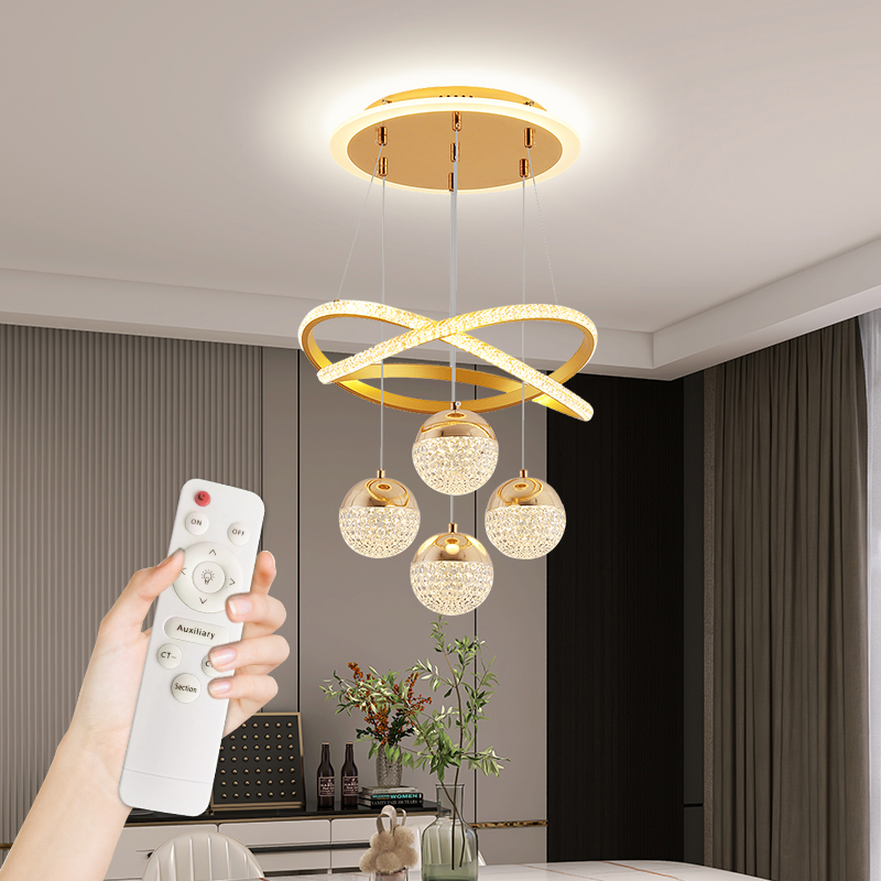 Zhongshan Wholesale Modern Simple Style Dining-Room Lamp Led Rice Restaurant Chandelier Remote Control Bedroom Light Chandelier 4 Heads Golden