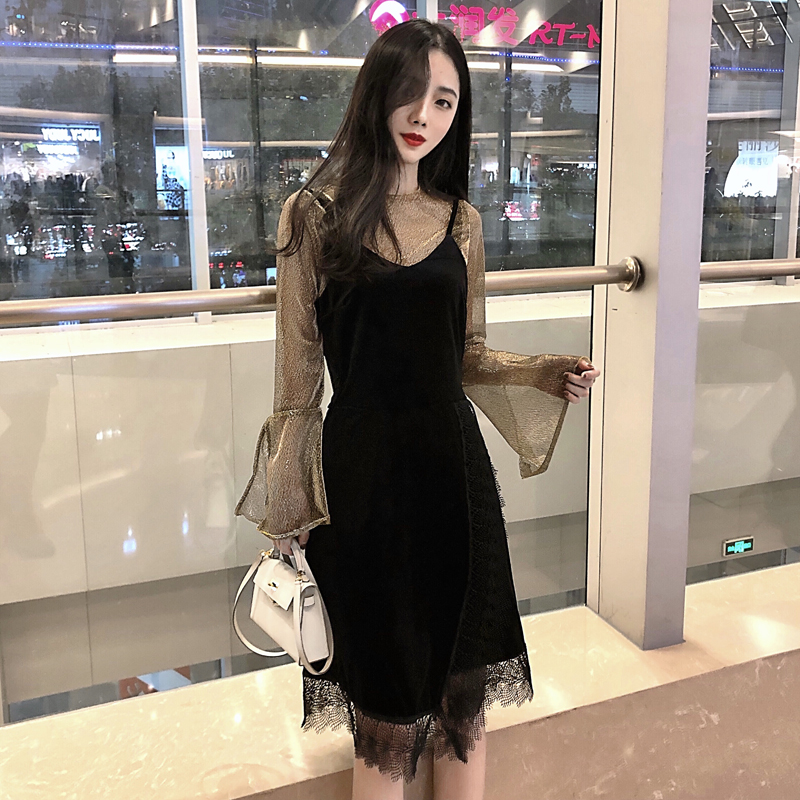 2017秋鼕新款韓版中長款黑色金絲絨蕾絲弔帶連衣裙背帶裙兩件套女