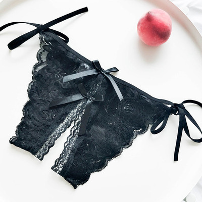 情趣蕾丝开档内裤女性感透明开裆免脱蝴蝶结系带绑带式丁字裤真人-淘宝网