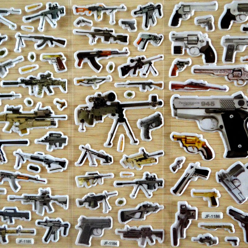 男童偏愛手槍機槍左輪狙擊槍機關槍卡通軍事武器兒童貼紙軍火貼畫