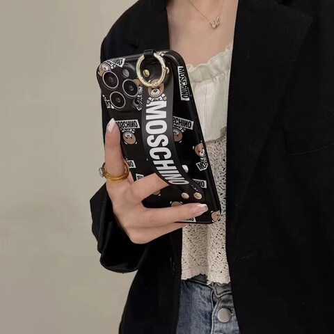 Black — Moschino Bear New Hand Band Strap 14, 13, 12 iPhone Case